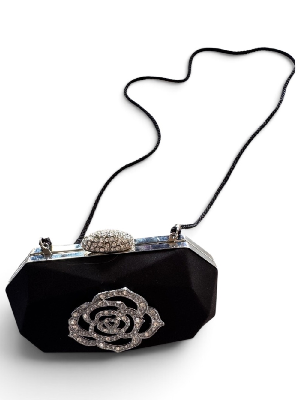 Black Satin Evening Clutch Crystal Rose Evening Bag w/ Chain Strap